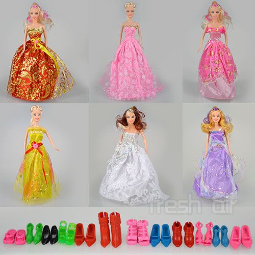 6-Handmade-Dresses-Party-Clothes-Outfits-Gown-12-Pair-Shoes-Set-For-Barbie-Doll