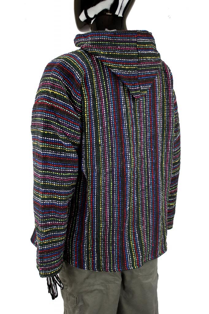 MEXICAN BAJA JERGA HOODIE HIPPIE FESTIVAL TOP BLACK & MULTI COLOURED M